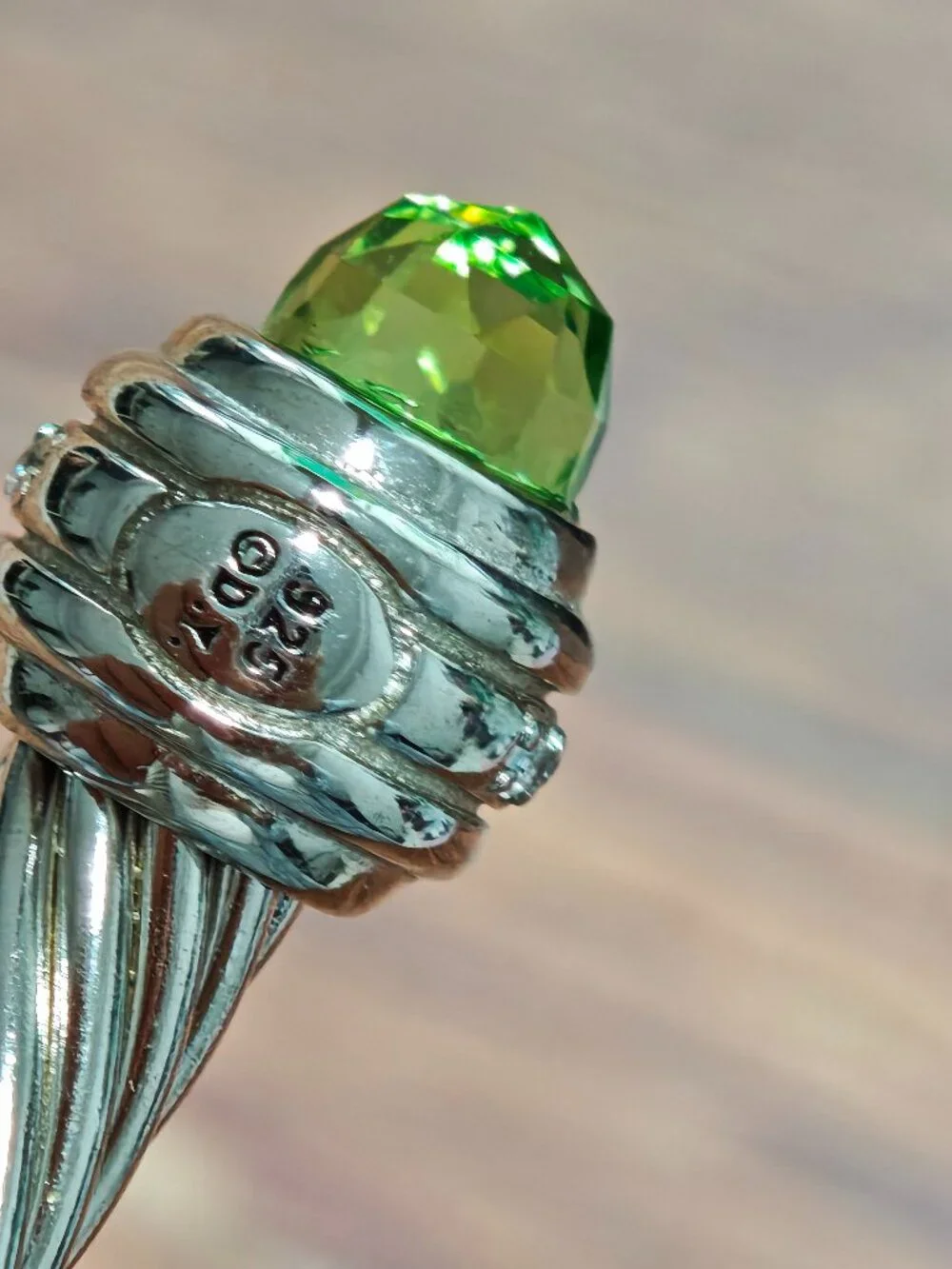 David Yurman Silver Cable Cuff Bracelet with Green Gemstone Tips